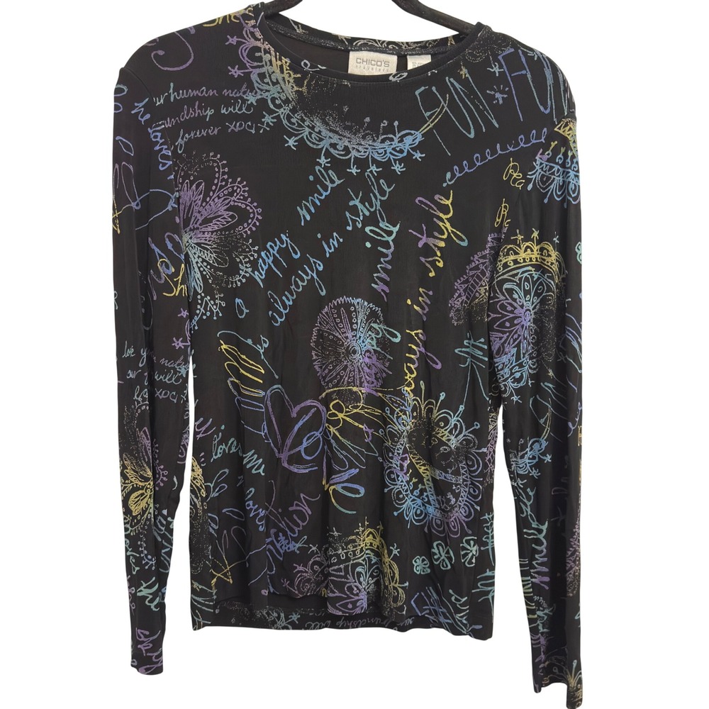 Chico's Travelers‎ Top Y2K Black Neon Graffiti Doodle Print Acetate Size 0 Small